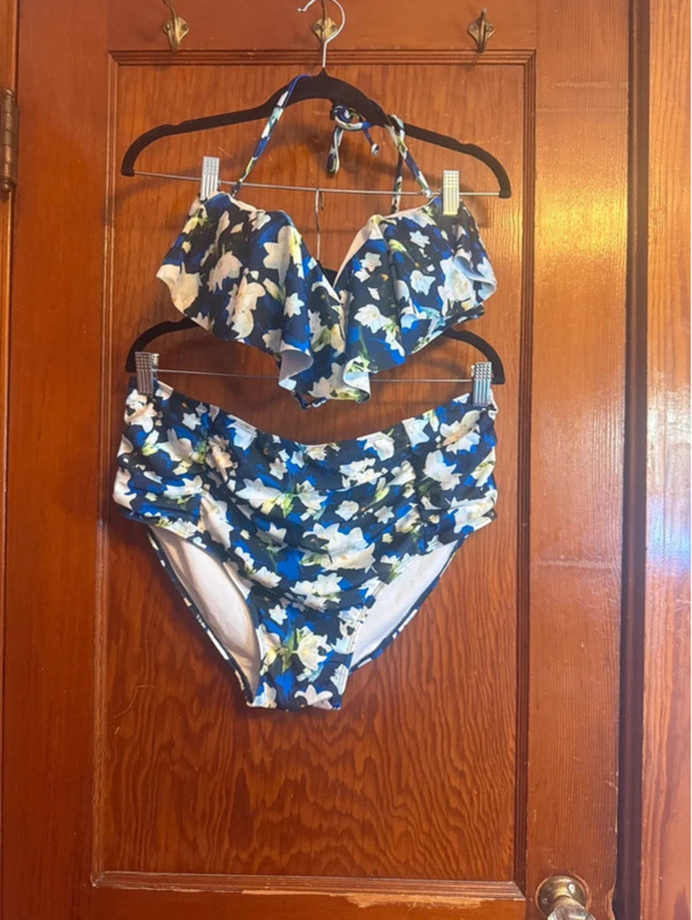 Nicole Miller Studio Floral Bikini Set 🌸 Blue Ruffle High Waist Swim UK 14–16